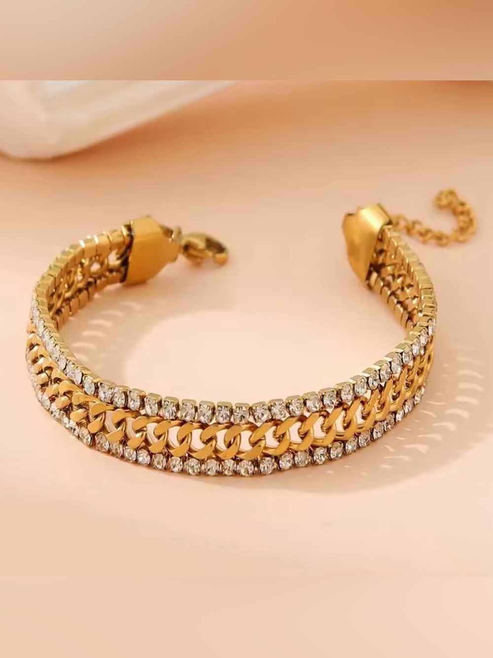 18K Gold Plated Stainless Steel Three Layers Bracelet Shiny Cubic Zirconia